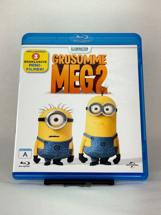 Forside av Blu-ray-cover til Grusomme meg 2 – oppfølgeren med Gru og de elleville Minions, morsom animasjonsfilm på brukt Blu-ray fra Brukbar Film.