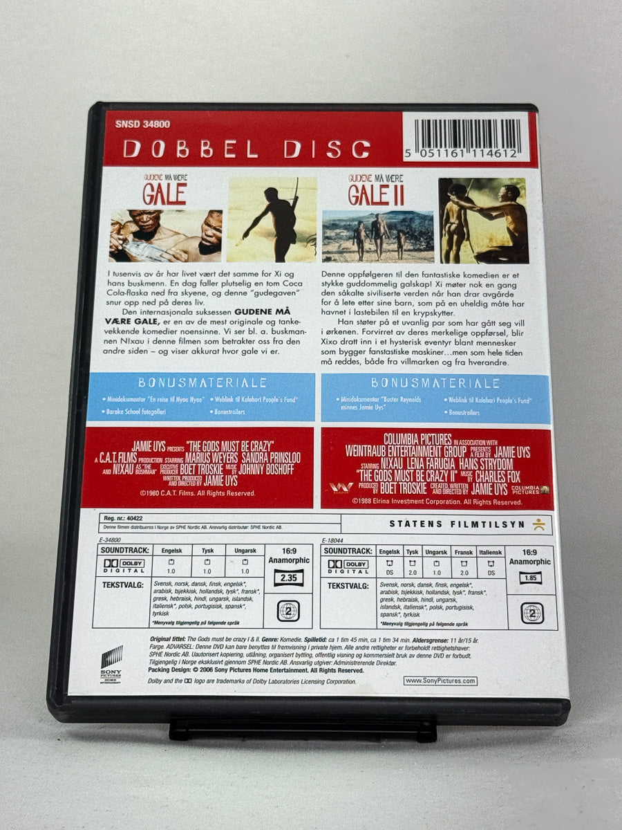 DVD-bakside til filmen Gudene må være gale I & II
Baksiden viser info, spesifikasjoner og eventuell ekstratekst – produktbilde fra nettbutikken Brukbar Film