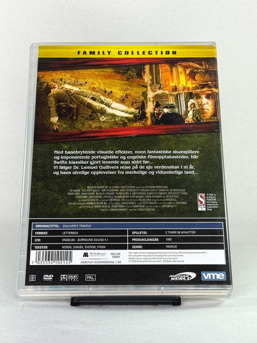 Bakside av brukt DVD Gullivers reiser – eventyrfilm på original DVD, tilgjengelig hos Brukbar Film