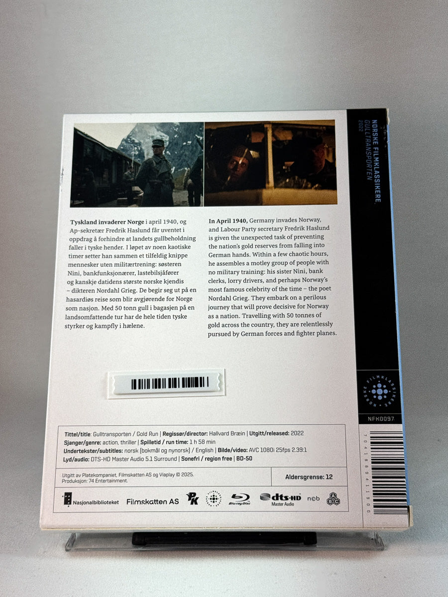 Bakside av cover til Gulltransporten, brukt original Blu-ray hos Brukbar Film