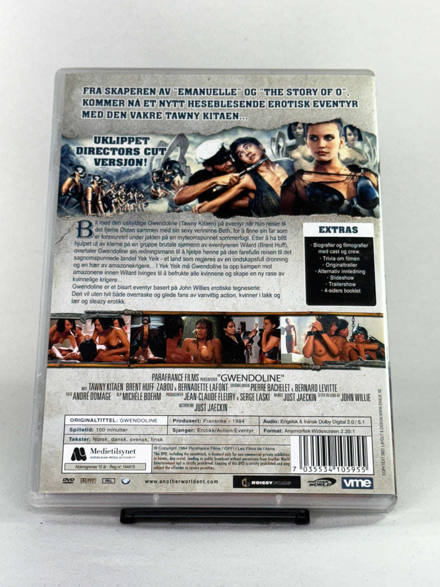 Bakside av brukt DVD Gwendoline – erotisk eventyrklassiker av Just Jaeckin, komplett cover fra Brukbar Film