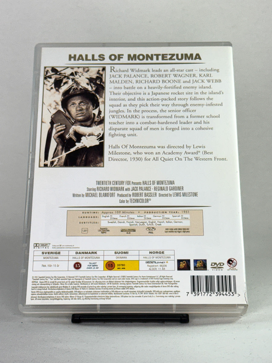 Bakside av DVD-cover for filmen Halls of Montezuma – brukt originalfilm på DVD, klassiker tilgjengelig hos Brukbar Film