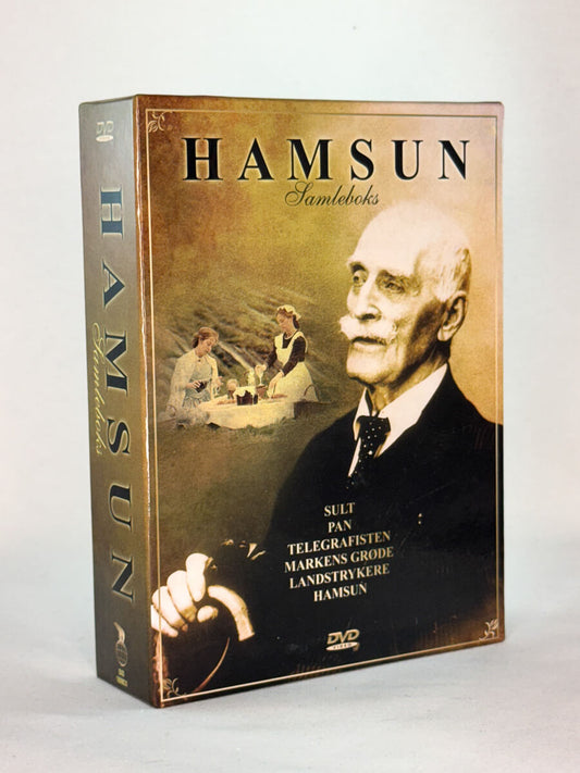 Forside av Hamsun Samleboks på DVD – samling med seks klassiske filmer basert på Knut Hamsuns verker, tilgjengelig hos Brukbar Film.