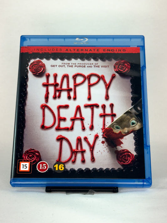 Forside av Blu-ray-cover til Happy Death Day – original skrekkkomedie der en student må oppleve sin egen død om og om igjen, brukt Blu-ray hos Brukbar Film.