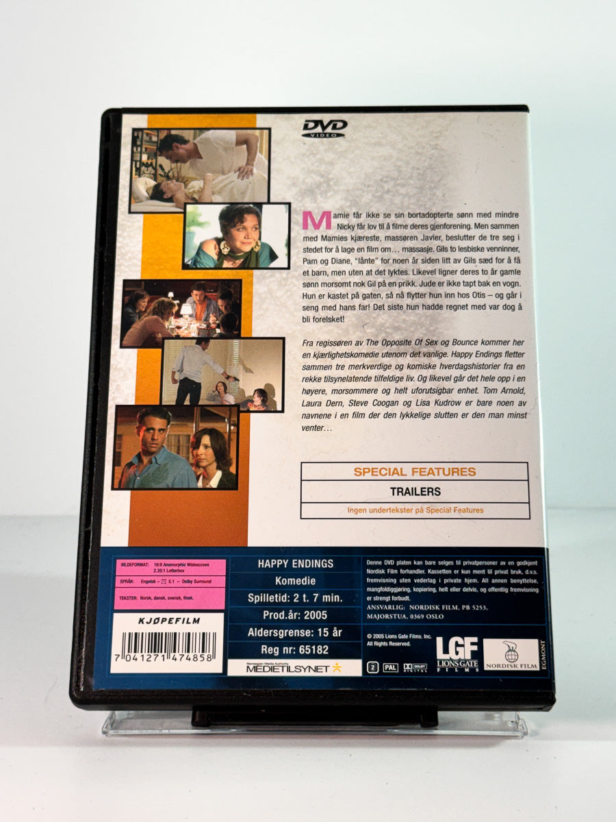 Bakside av cover til Happy Endings, bruktfilm på DVD hos Brukbar Film
