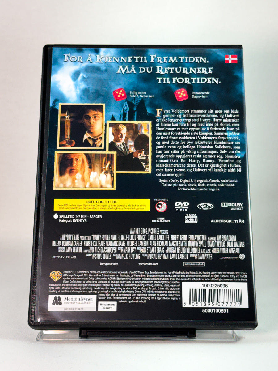 Bakside av DVD-cover til Harry Potter og Halvblodsprinsen, fantasy og skjebnetunge avsløringer, brukt DVD hos Brukbar Film