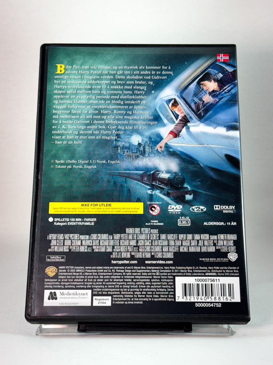 Bakside av DVD-cover til Harry Potter og Mysteriekammeret, fantasyeventyr fra trollmannsverdenen, brukt DVD hos Brukbar Film