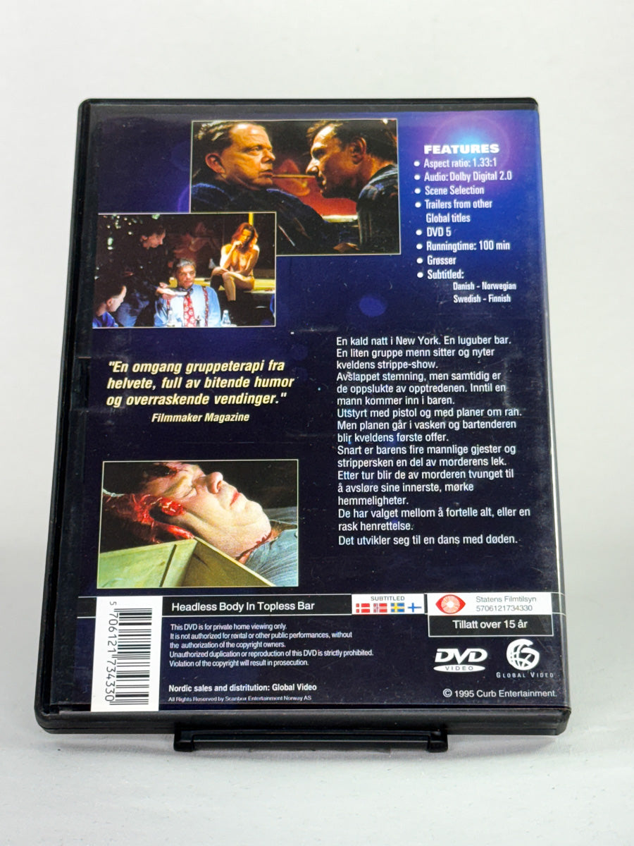 Bakside av brukt DVD Headless Body in Topless Bar – original thriller/kultfilm på DVD fra Brukbar Film