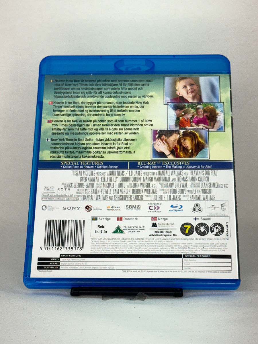 Bakside av Blu-ray-cover til Heaven Is for Real – inspirerende film basert på bestselgeren av Todd Burpo, brukt Blu-ray tilgjengelig hos Brukbar Film.