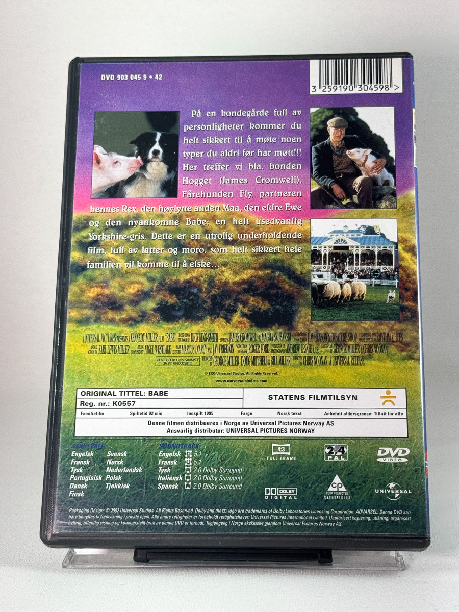 Bakside av DVD-cover til Heldiggrisen Babe, bruktfilm hos Brukbar Film