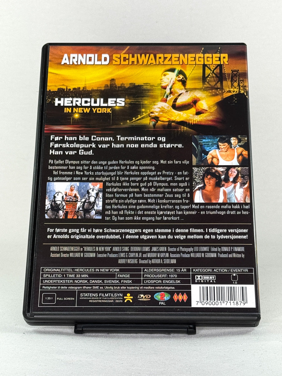 DVD-cover-bakside til filmen Hercules in New York – Brukt DVD fra nettbutikken Brukbar Film