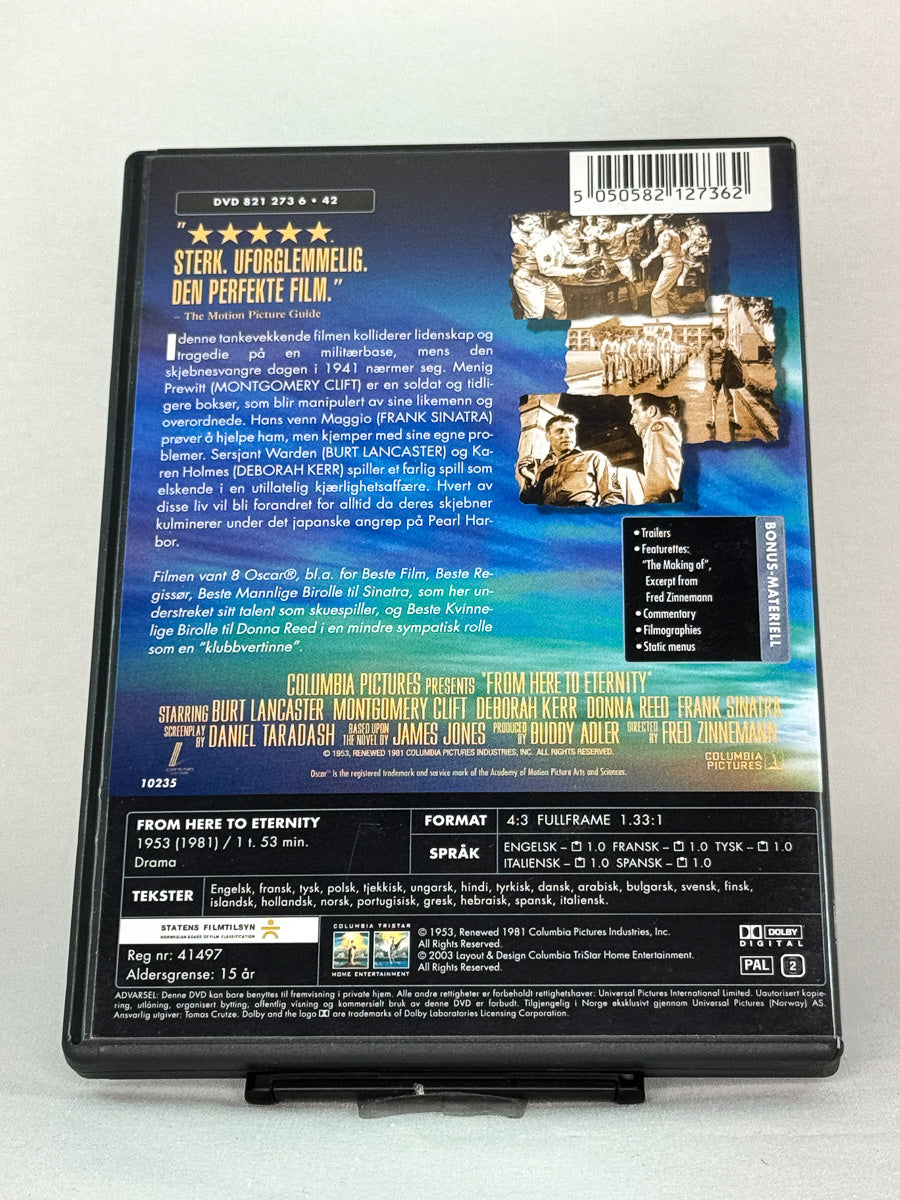 Bakside av DVD-cover til Herfra til evigheten (From Here to Eternity) – Oscar-belønnet klassiker på brukt DVD fra Brukbar Film.
