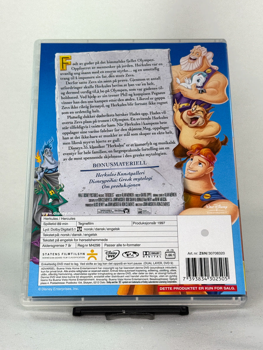 Bakside av DVD-cover til Herkules – fargerik Disney-klassiker full av humor, action og sanger – brukt DVD for samlere og familier hos Brukbar Film.