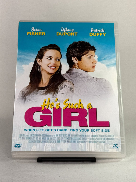 Forside av DVD-cover til He’s Such a Girl – amerikansk romantisk komedie med Brian Fisher, Tiffany Dupont og Patrick Duffy, hos Brukbar Film.