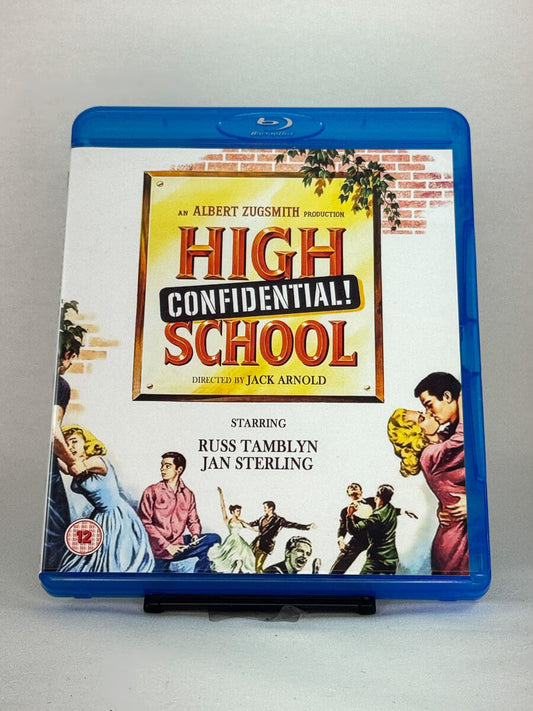Forside av Blu-ray-cover for High School Confidential! – kultfilm fra 1958 med Russ Tamblyn, brukt Blu-ray-utgave hos Brukbar Film.