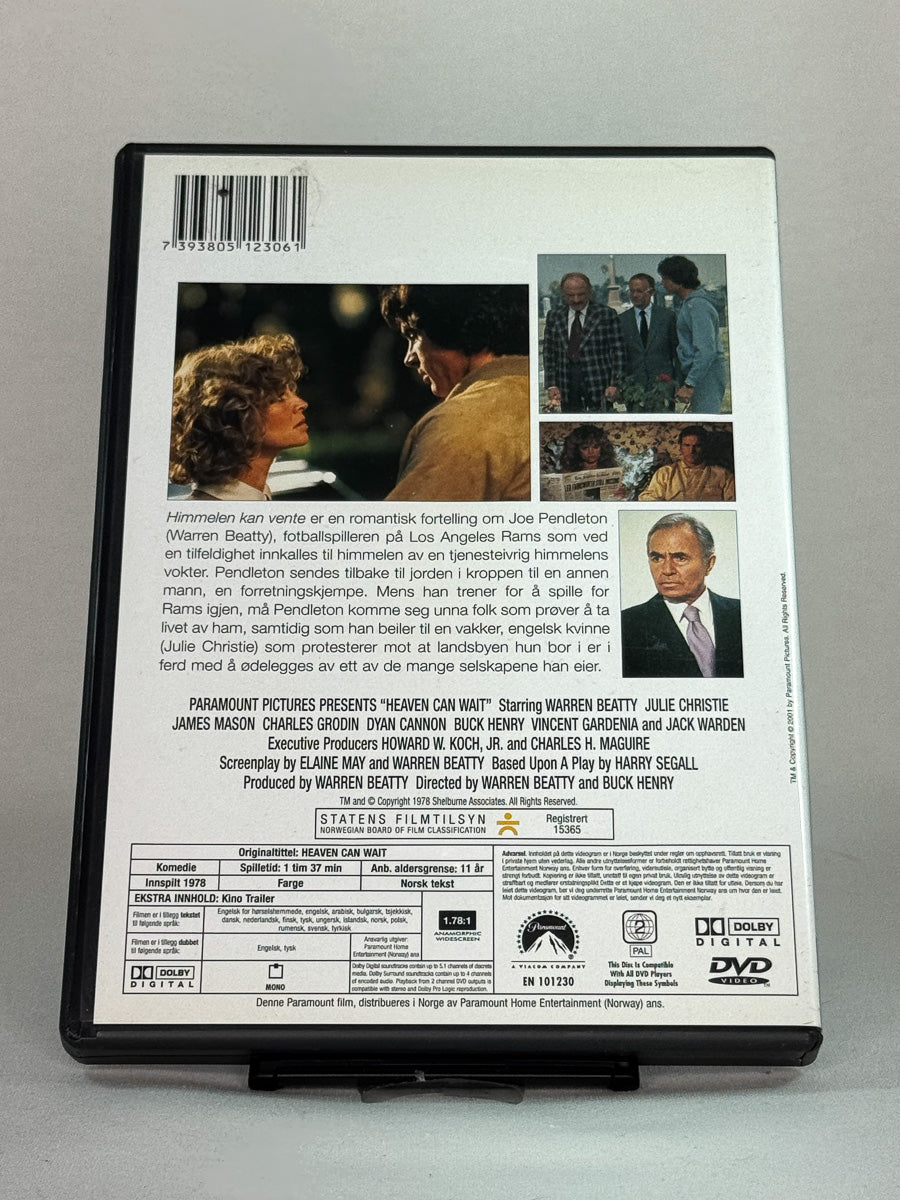 Bakside av DVD-cover for filmen Himmelen kan vente – brukt originalfilm på DVD, romantisk komedie tilgjengelig hos Brukbar Film