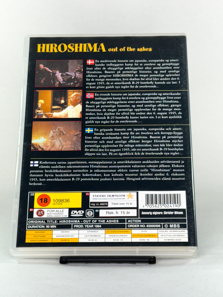 Bakside av DVD-cover for Hiroshima – Out of the Ashes – brukt DVD-film; synopsis, rolleliste og spesifikasjoner.