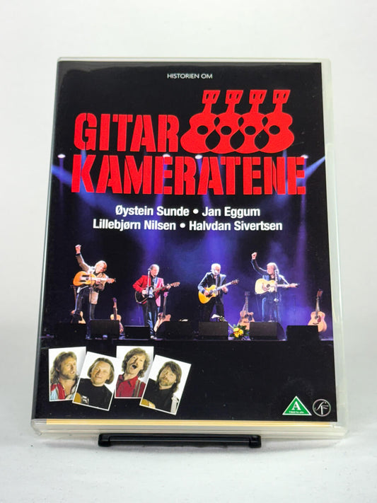 Forside av DVD-cover til Historien om Gitarkameratene – norsk musikkdokumentar med Øystein Sunde, Jan Eggum, Lillebjørn Nilsen og Halvdan Sivertsen, tilgjengelig hos Brukbar Film