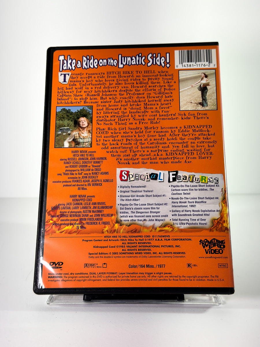 Bakside av cover til Hitch Hike to Hell and Kidnapped Coed, bruktfilm på DVD hos Brukbar Film