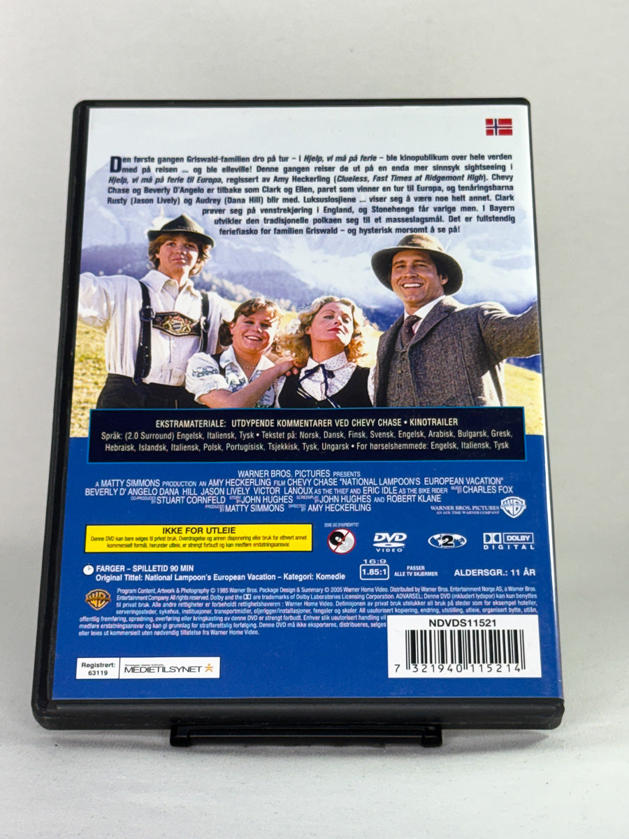 DVD-cover-bakside til filmen Hjelp, vi må på ferie til Europa – Brukt DVD fra nettbutikken Brukbar Film