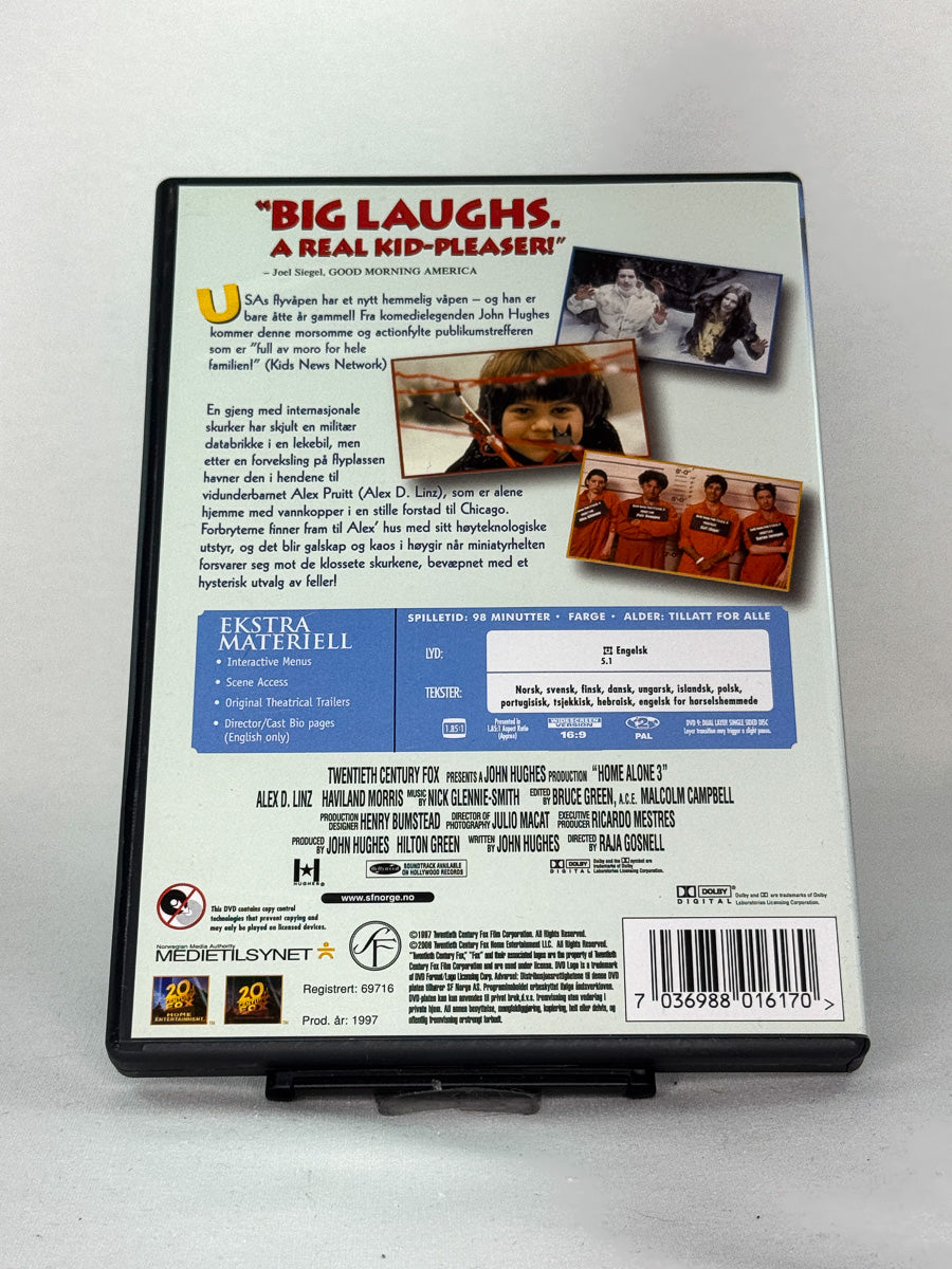 Bakside av DVD-cover til Hjemme Alene 3, bruktfilm på DVD hos Brukbar Film
