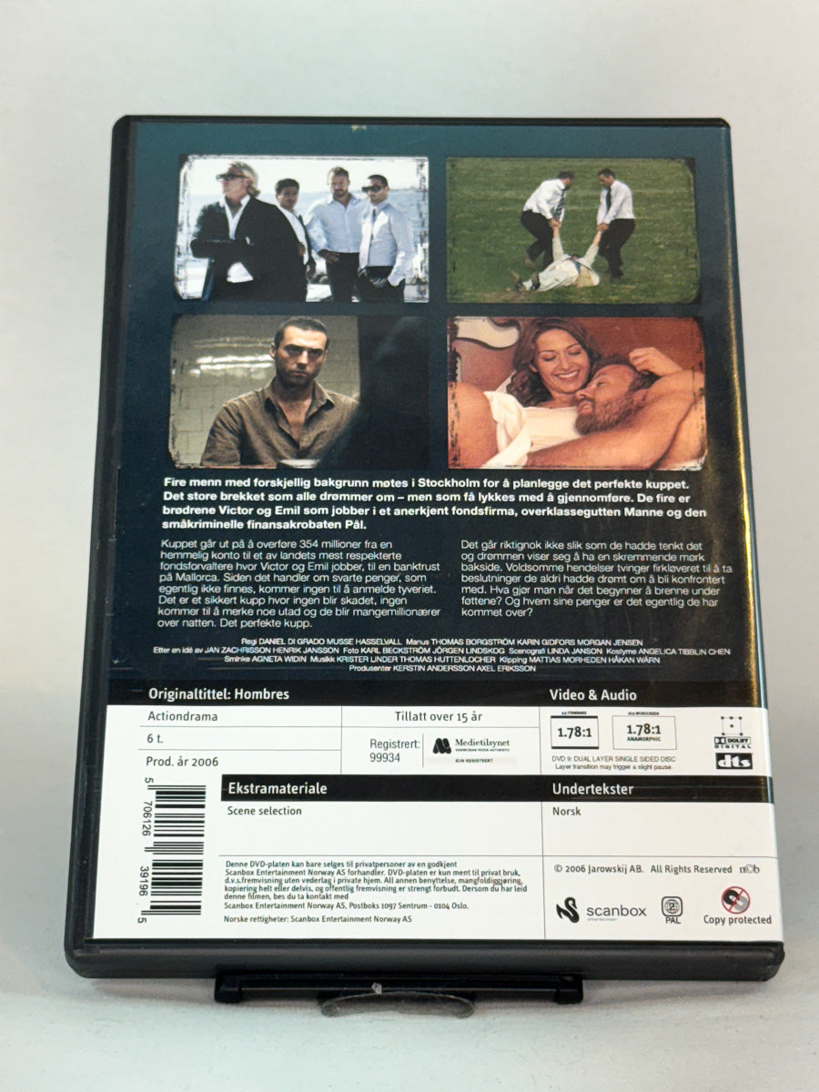 Bakside av DVD-cover til Hombres – 2-disc-utgivelse fra TV 5 og Scanbox med spenning, humor og action, brukt originalserie på DVD hos Brukbar Film.