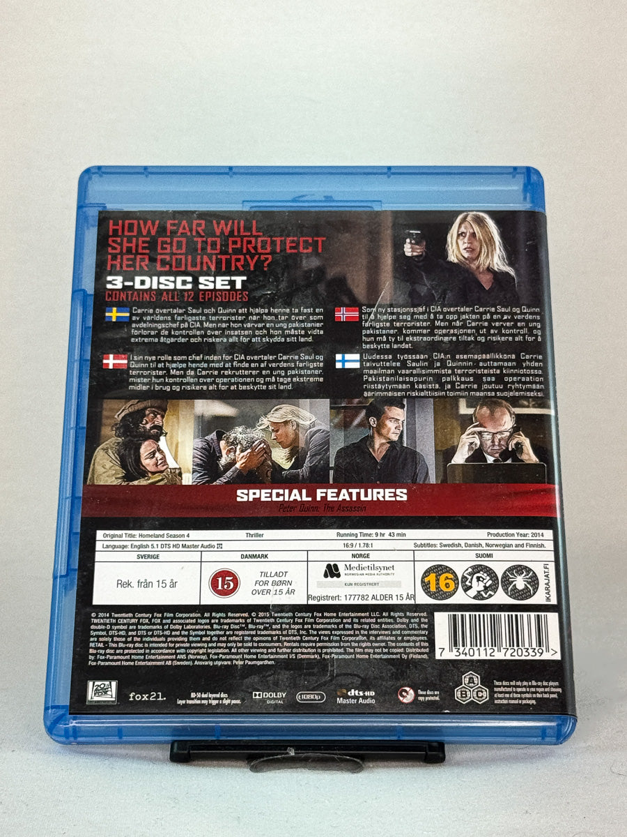 Bakside av Blu-ray-coveret til Homeland – The Complete Fourth Season – detaljer om innhold og spesifikasjoner, hos Brukbar Film.