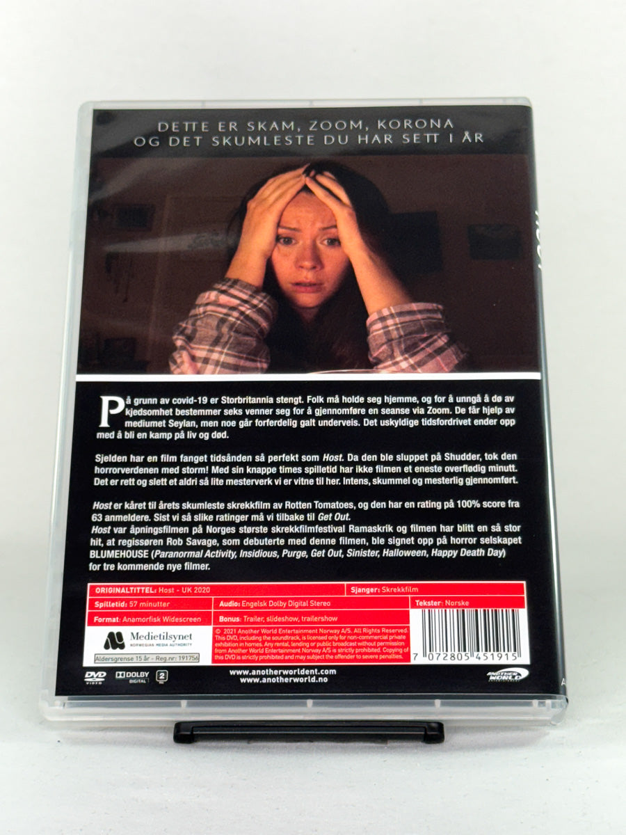 Bakside av DVD-cover til Host – moderne skrekkfilm om et digitalt seanse som går galt – original brukt DVD hos Brukbar Film.