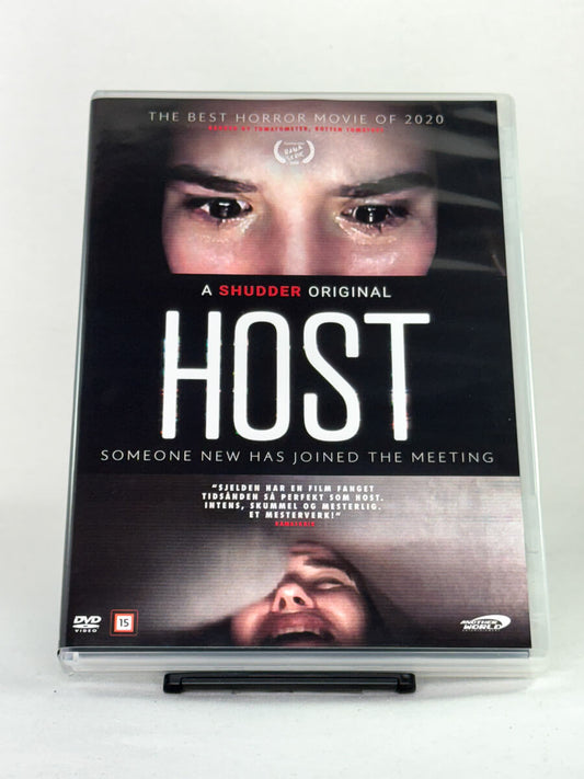 Forside av DVD-cover til Host – Shudder-original, digitalt grøsserfenomen filmet under lockdown – brukt DVD tilgjengelig hos Brukbar Film.
