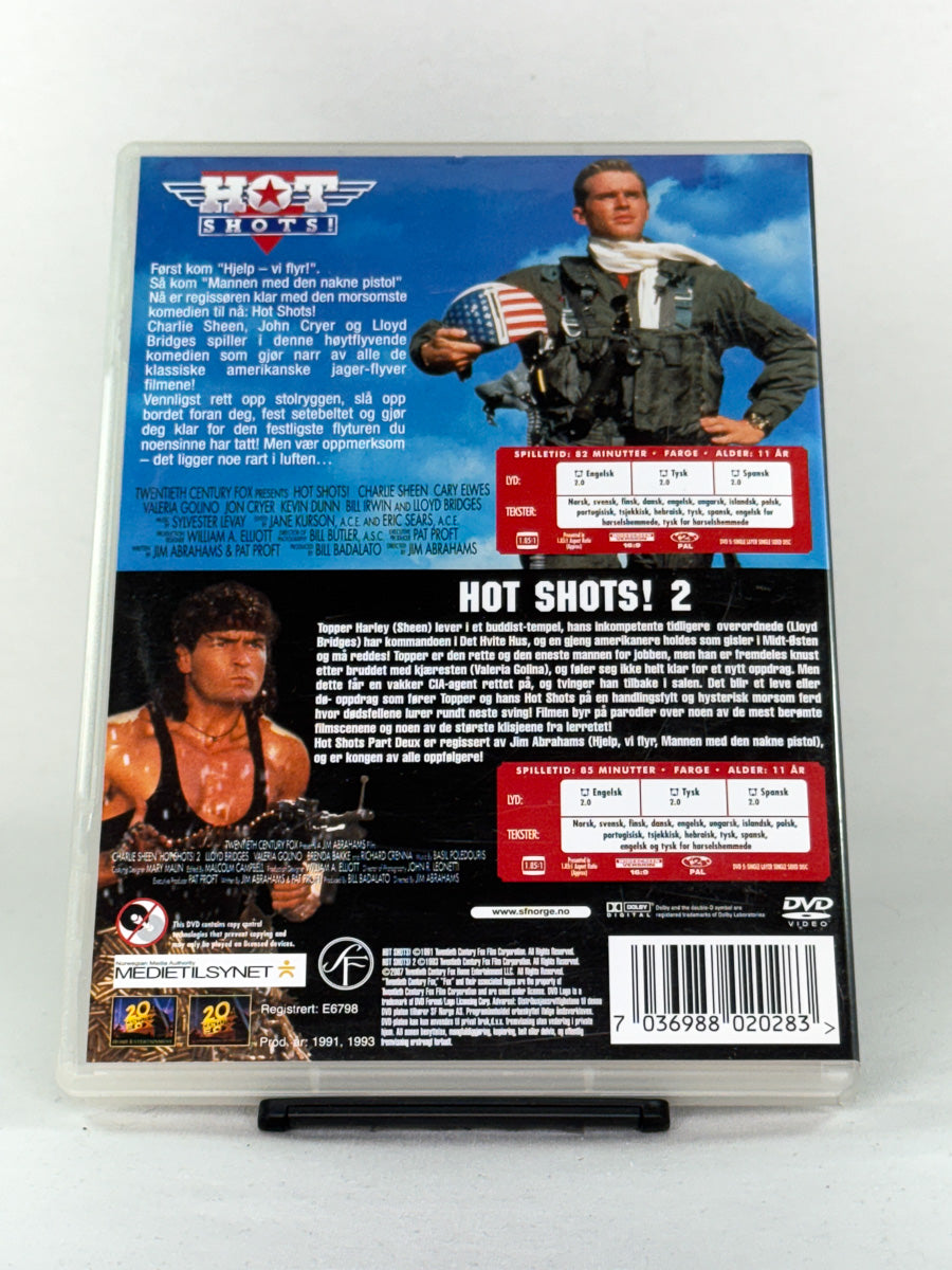 DVD-cover-bakside til filmene Hot Shots! og Hot Shots! 2 – Brukt DVD fra nettbutikken Brukbar Film