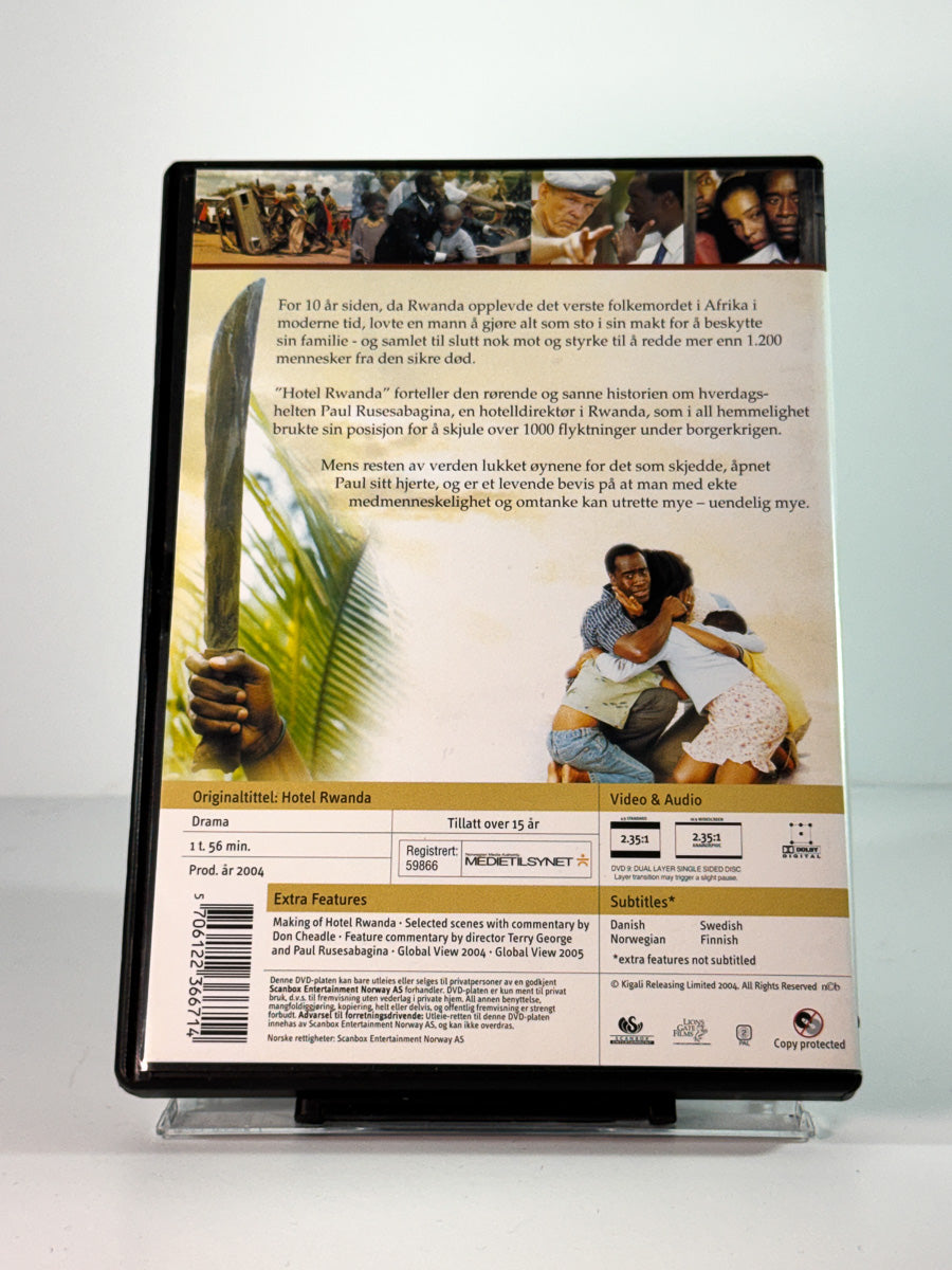 Bakside av cover til Hotel Rwanda, bruktfilm på DVD hos Brukbar Film
