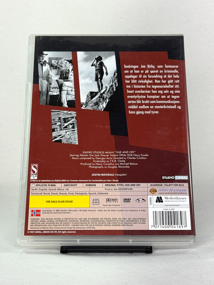 Bakside av DVD-cover for filmen Hue and Cry – brukt originalfilm på DVD, klassiker tilgjengelig hos Brukbar Film
