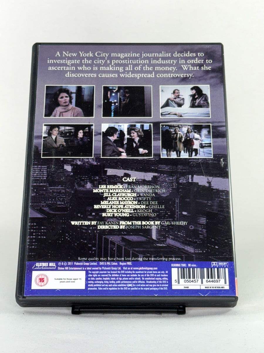 Bakside av brukt DVD Hustling – TV-film med Lee Remick, originalt filmomslag hos Brukbar Film