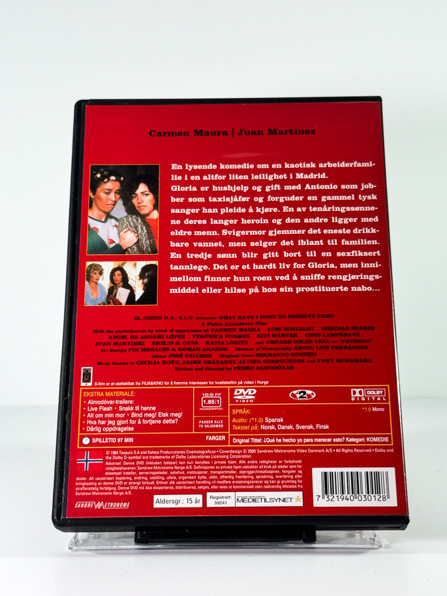 Bakside av cover til Hva har jeg gjort for å fortjene dette?, bruktfilm på DVD hos Brukbar Film