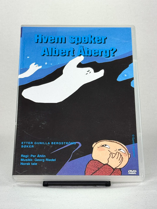 Forside av DVD-cover til Hvem spøker Albert Åberg? – norsk tale, basert på Gunilla Bergströms populære barnebøker, hos Brukbar Film.