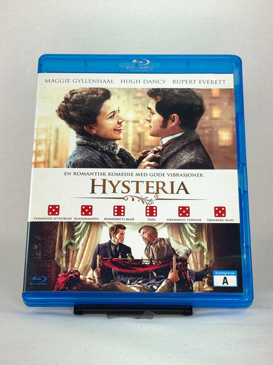 Forside av Blu-ray-cover til Hysteria – vittig romantisk komedie med Maggie Gyllenhaal og Hugh Dancy, satt i viktoriatidens London, brukt Blu-ray hos Brukbar Film.