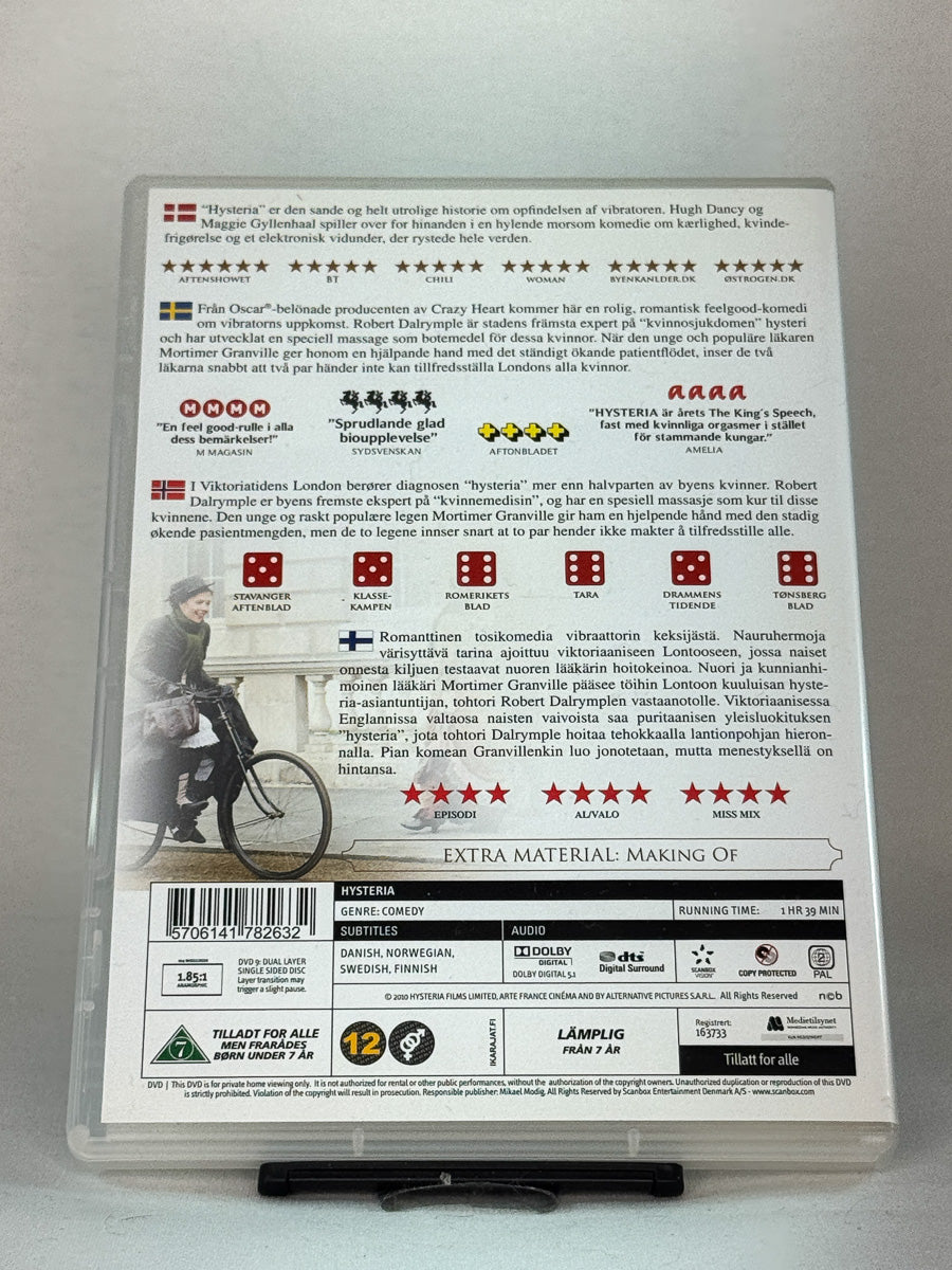 Bakside av DVD-cover til Hysteria – historisk komedie inspirert av den sanne historien om oppfinnelsen av vibratoren, brukt Blu-ray-utgave hos Brukbar Film.