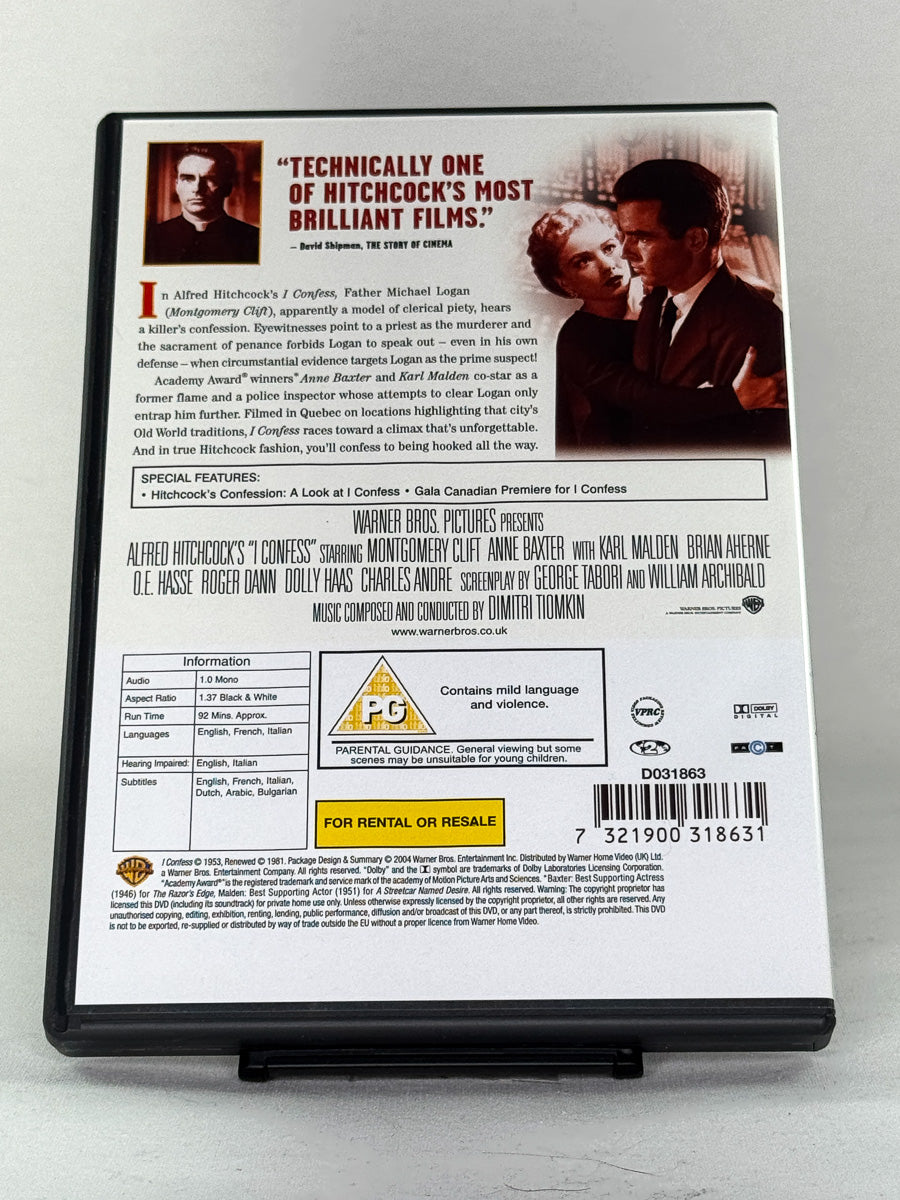 Bakside av DVD-cover til I Confess – brukt originalfilm på DVD, kjøp klassiske spenningsfilmer hos Brukbar Film.