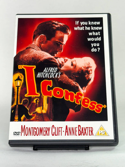 Brukt DVD-film I Confess – forside av filmcover, intens Hitchcock-thriller med Montgomery Clift hos Brukbar Film.