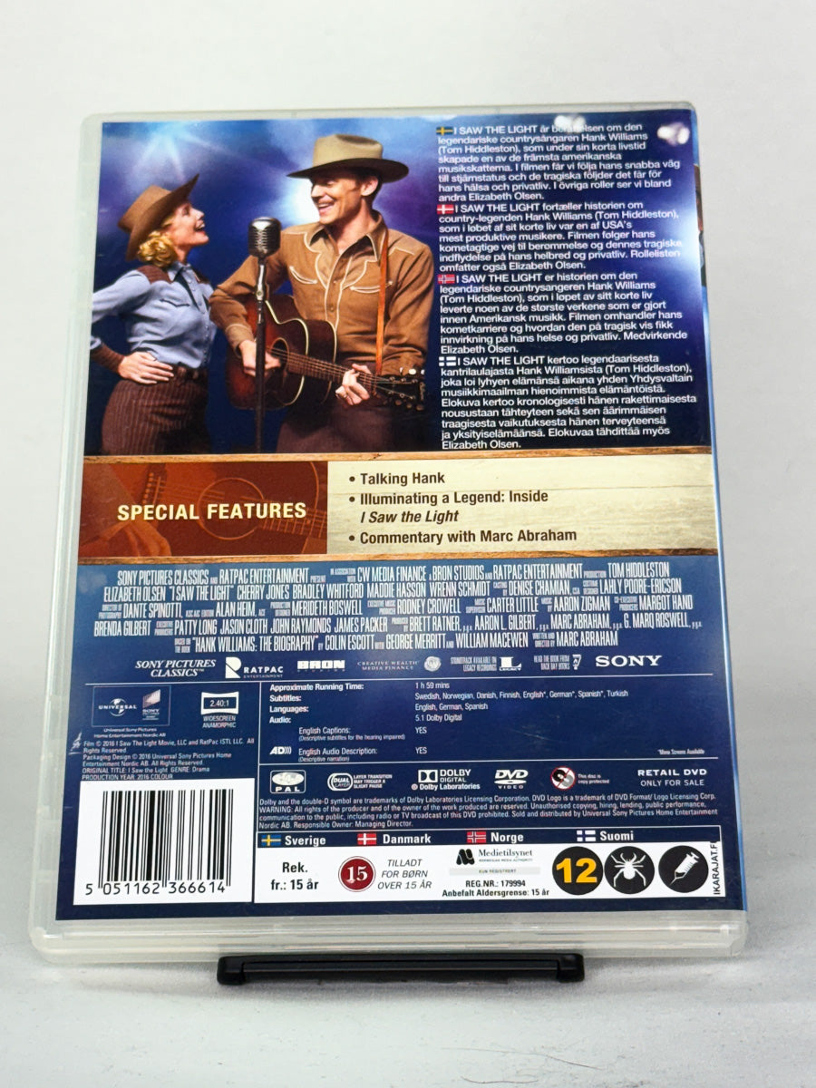 Bakside av DVD-cover til I Saw the Light – fengende musikkdrama som skildrer berømmelse, kjærlighet og fall, tilgjengelig som brukt DVD hos Brukbar Film.