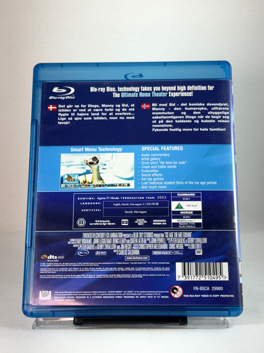 Bakside av Blu-ray-cover til Ice Age 2 – The Meltdown – humor, eventyr og vennskap i denne populære familiefilmen med norsk og dansk tale, brukt original Blu-ray hos Brukbar Film.
