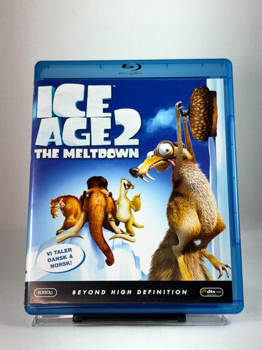 Forside av Blu-ray-cover til Ice Age 2 – The Meltdown – animasjonsklassiker fra Blue Sky Studios der Manny, Sid og Diego må rømme fra den smeltende isen, brukt Blu-ray hos Brukbar Film.