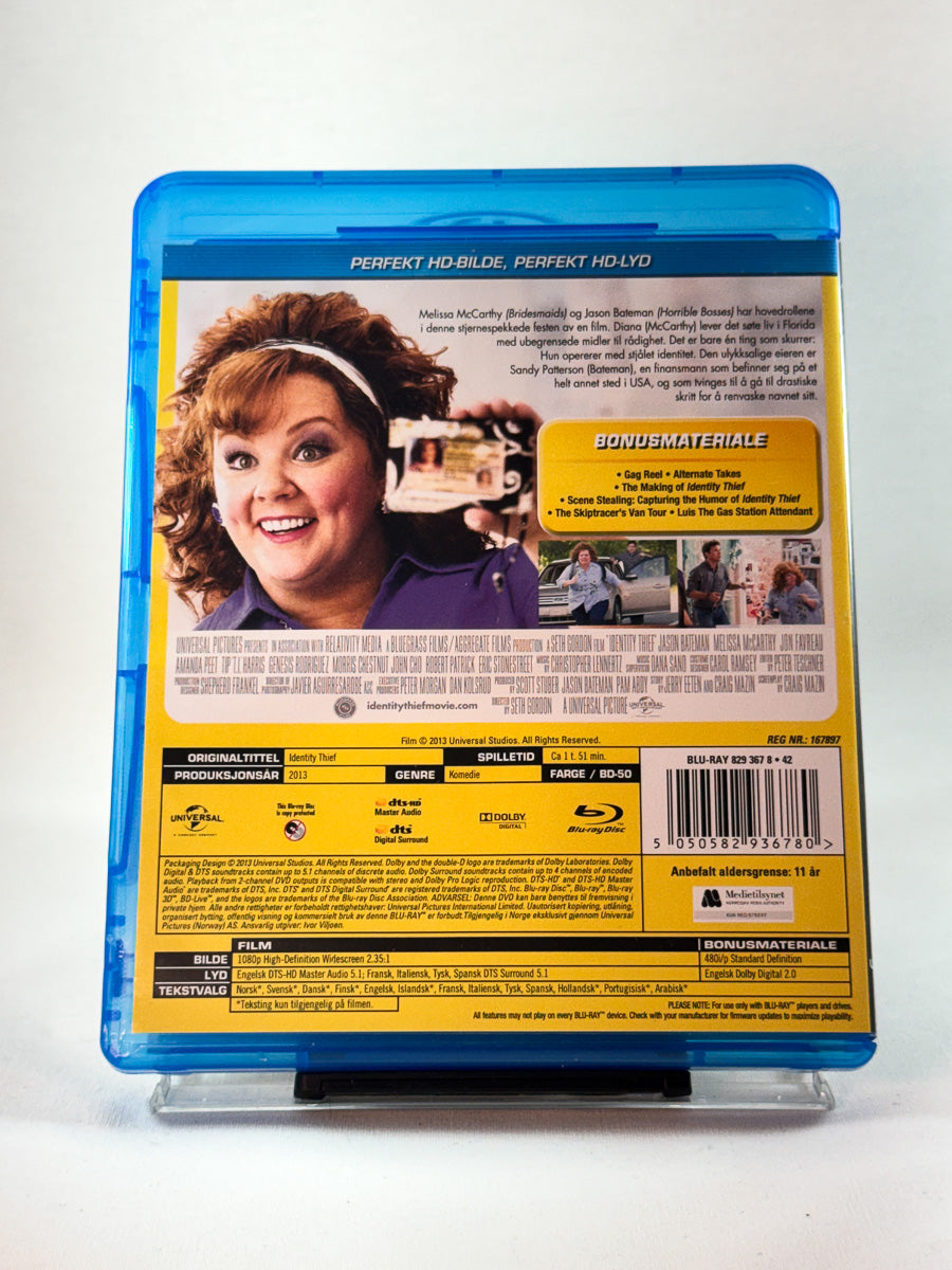 Bakside av cover til Identity Thief, brukt Blu-ray film hos nettbutikken Brukbar Film