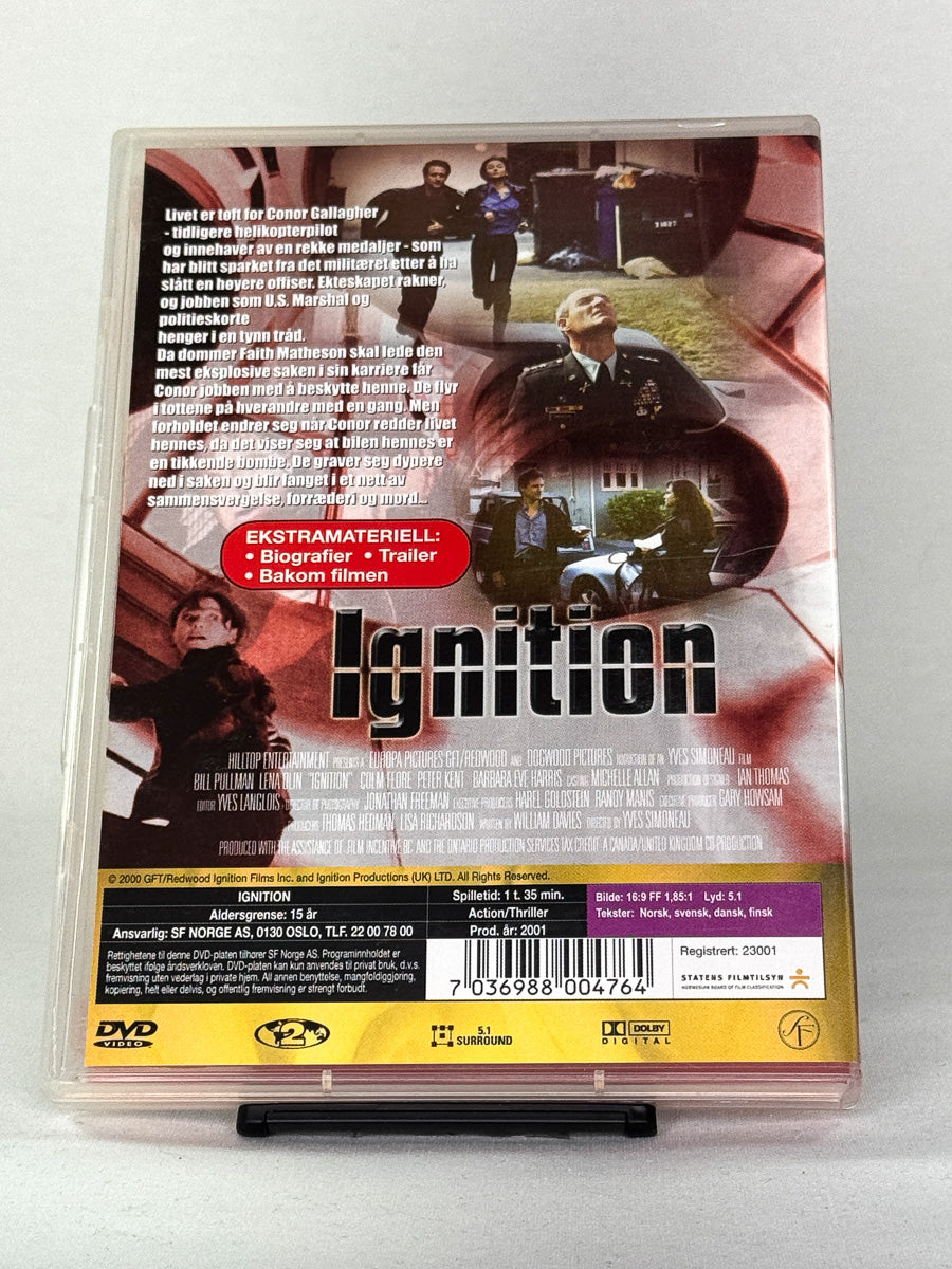 Bakside av DVD-cover til Ignition – politisk thriller med Bill Pullman og Lena Olin i hovedrollene – original brukt DVD hos Brukbar Film.