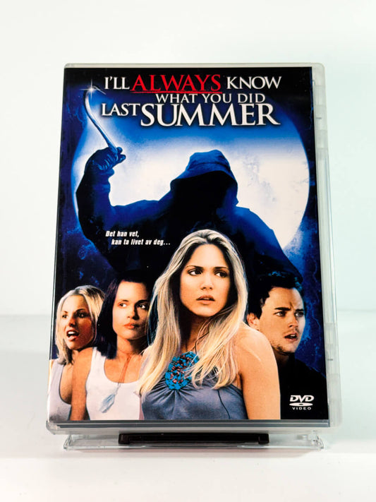 Forside av cover til skrekkfilmen I’ll Always Know What You Did Last Summer på DVD hos Brukbar Film