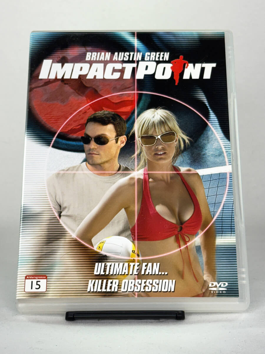 Forside av DVD-cover til Impact Point – thriller med Brian Austin Green og Melissa Keller om besettelse og fare i strandlivet – brukt DVD tilgjengelig hos Brukbar Film.