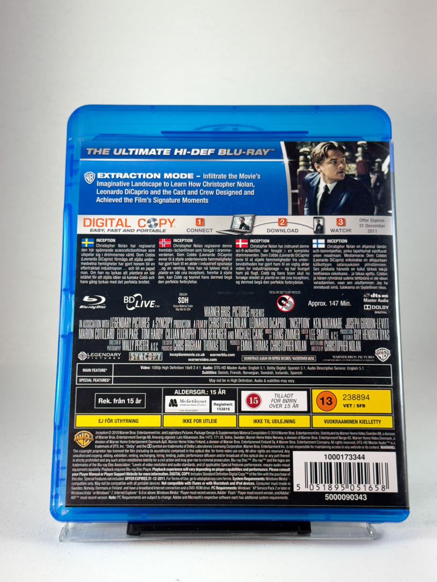 Bakside av Blu-ray-utgivelsen Inception, brukt Blu-ray fra Brukbar Film