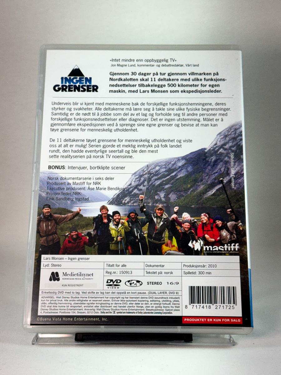 Bakside av DVD-cover til Ingen grenser med programbeskrivelse og detaljer hos Brukbar Film