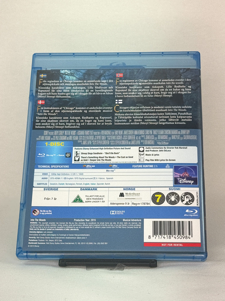 Bakside av Blu-ray-cover til Into the Woods – eventyrmusikal basert på Broadway-klassikeren, brukt Blu-ray hos Brukbar Film.