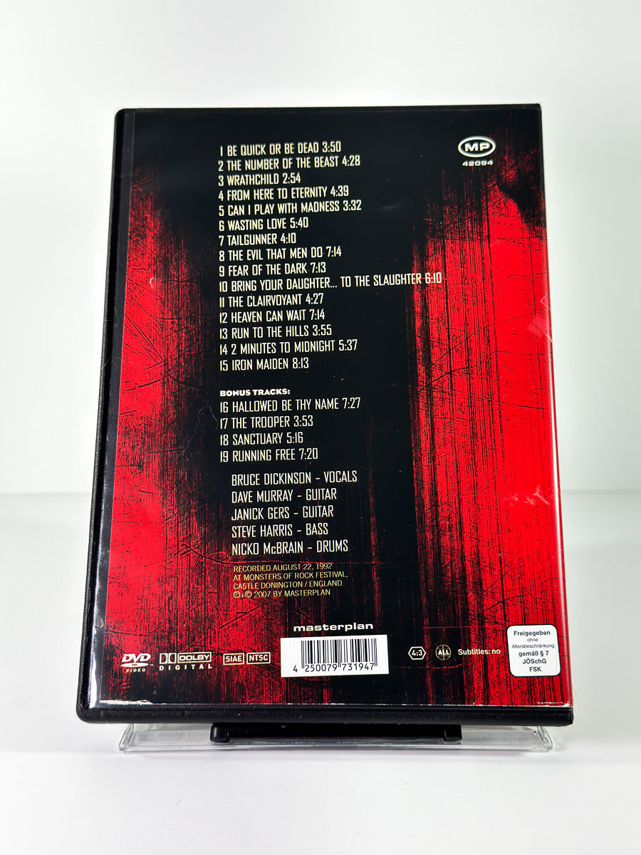 Bakside av cover til Iron Maiden: Castle Donington England, bruktfilm på DVD hos Brukbar Film